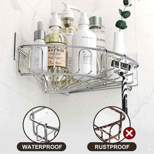 Orimade Corner Shower Caddy Stainless Steel with Hooks Wall Mounted Bathroom Shelf Storage Organizer Adhesive No Drilling 2 Pack, Silver Only for ...