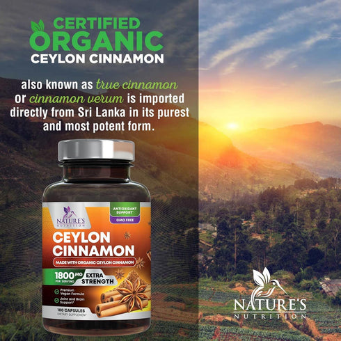 Pure Cinnamon Capsules, Certified Organic Ceylon Cinnamon Pills, Non-GMO, Gluten-Free, Dairy-Free, Sri Lanka Cinnamon Powder Supplement, Best Vega...