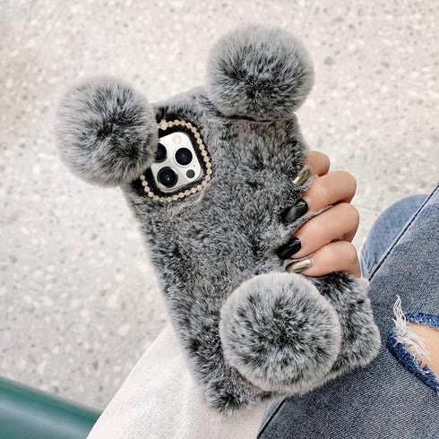 LUVI for iPhone 12 Pro Max Plush Furry Case Fuzzy Fluffy Ball Rabbit Faux Fur Hair Cute Cartoon Bear Ear with Bling Glitter 3D Diamond Bowknot Cam...