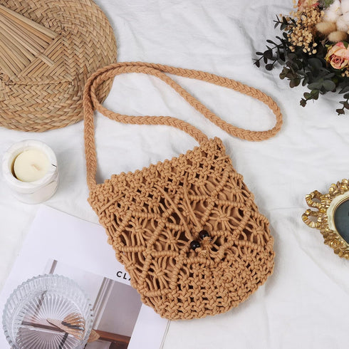 Ovida Crochet Mini Bucket Bag Purse Summer Woven Beach Shoulder Bag Drawstring Closure Crossbody Bag Handmade Hobo Bag...