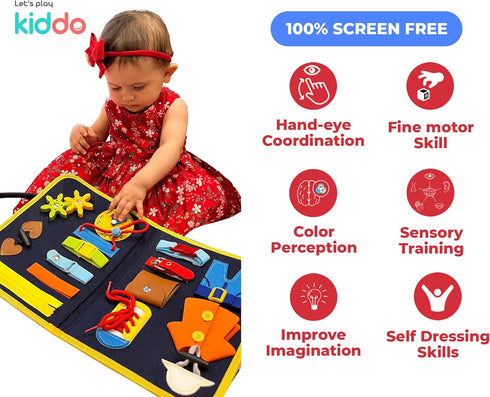 Let's Play Kiddo Busy Book for Toddlers 1-3, Busy Board for 1 Year Old, Montessori Toys 1-4 Year Old, Educational Activity Toddler Busy Board Pres...