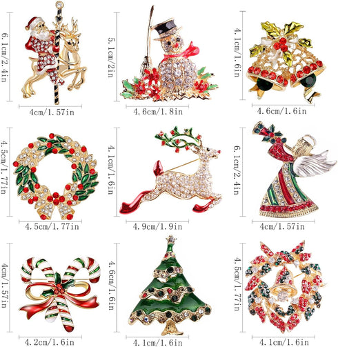 9 Piece Christmas Brooch Set with Rhinestone Crystal Christmas Ornament...