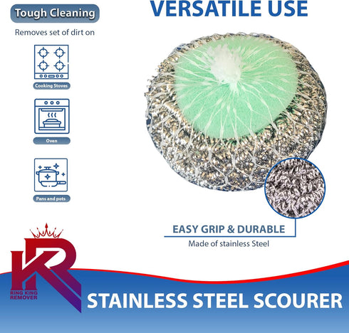Amazon Brand | Pack of 4 | Ring King Stainless Steel-Wrapped Sponge Scrubbers | Heavy Duty Scouring Pads - Individually Wrapped for Dishes Pots, P...