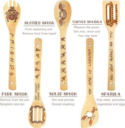 5Pcs Carved Bamboo Wood Cooking Spoons for Gift, Funny Burned Friends Wooden Spoons Spatula Cookware Set, Kitchen Utensils Decor Friends Merchandi...