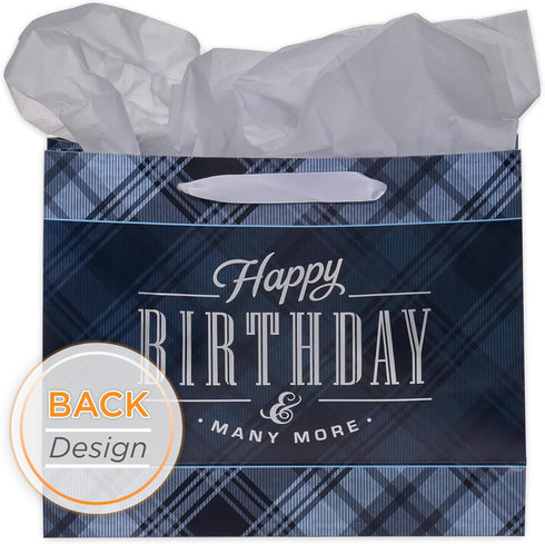 Christian Art Gifts Landscape Gift Bag with Card and Tissue Paper Set - Happy Birthday and Many More, Black and Navy Blue Plaid, Large...