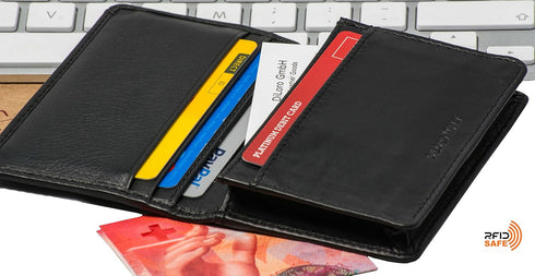 Leather Wallets for Men and Women Small Travel Bifold Card Holder Full Grain Black Nappa Leather...