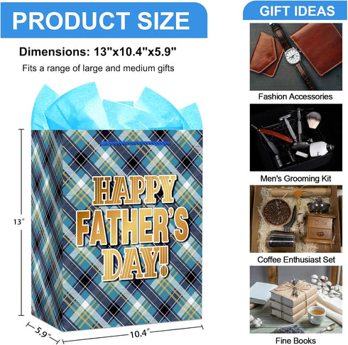 FaCraft Fathers Day Gift Bag - 13" Large Happy Fathers Day Gift Bag with Tissue Paper and Handle for Dad Stepdad Grandfather Husband First Time Da...