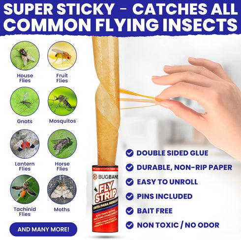 24 Fly Strips Indoor Sticky Hanging with Pins. Paper Tape for Indoors and Outdoor. Catcher Ribbon Traps Flypaper. Fruit Gnat...
