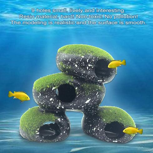 PINVNBY Stone Aquarium Hideaway Decoration Resin Cichlids Rock Decor with Artificial Moss Betta Cave Hideout Shelter Tunnel Fish Tank Ornament for...