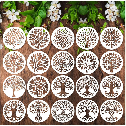 20 Pieces Reusable Tree Stencils 4 Inch Round Tree of Life Stencil for Painting on Wood Plastic Drawing Natural Tree Template Stencils for Coaster...