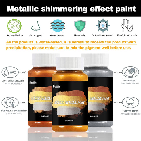 Acrylic Paint Metallic, 3pcs 13.5oz(375g) Gold & Silver & Bronze, Gold Leaf Paint for Art Painting, Ideal for Canvas, Wood, Clay, Fabric, Ceramic,...