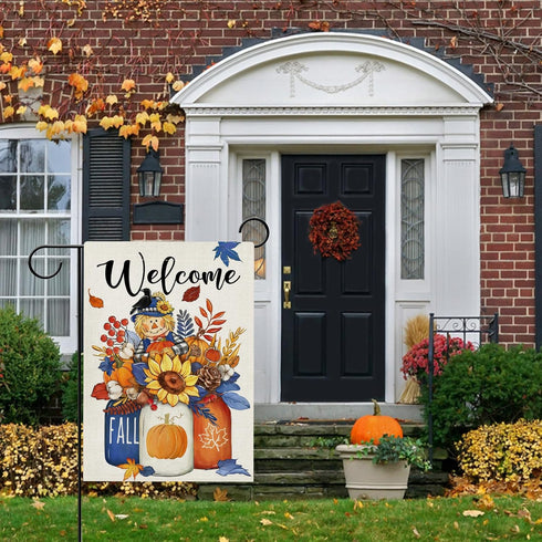Welcome Fall Scarecrow Pumpkin Sunflower Garden Flag Double Sided, Autumn Harvest Mason Jar Decorative Yard Outdoor Home Small Decor, Maple Leaves...