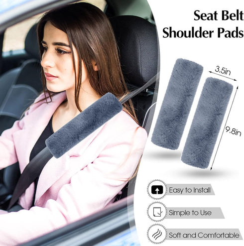 6 Pieces Fluffy Steering Wheel Covers Set for Women, Fur for Car Accessories, Fuzzy Gear Shift Cover Handbrake Center Console Seat Belt Shoulder P...