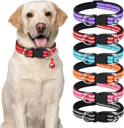 AUAUY Reflective Nylon Dog Collars, Adjustable Classic Pet Collars with Soft Neoprene Padding, Double Security Dual D-Ring and Quick Release Buckl...