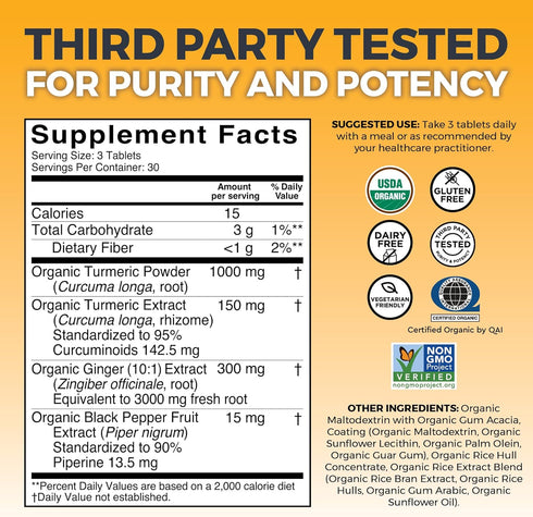 Organic Turmeric and Ginger Tablets, 90 Count - High Potency Ginger and Turmeric Supplement with Black Pepper Extract for Better Absorption - for ...