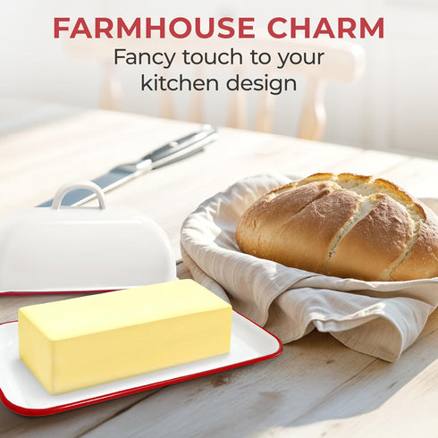 Vintage Farmhouse Red Rim Enamel Butter Dish - Vintage Retro Keeper for Kitchen, Countertop & Fridge – Unique Handmade White Container for West/Ea...