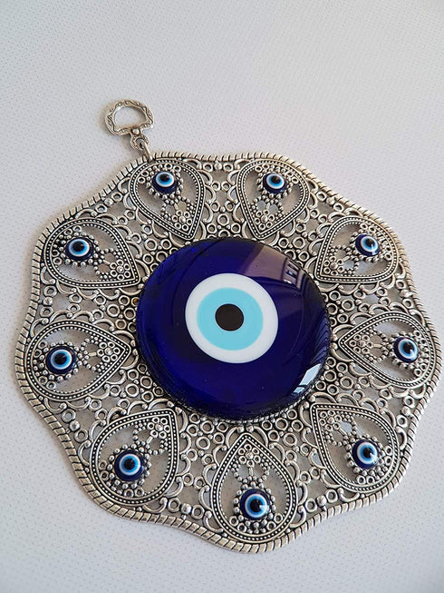 Turkish Glass Blue Evil Eye Wall Hanging Ornament - Metal Home Decor - Turkish Amulet - Protection and Good Luck Charm Gift in a Box...
