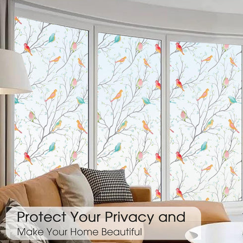 Coavas Window Privacy Film Decorative Bird Stained Glass Window Film Bathroom Frosted Glass Window Cling Privacy Film Heat Blocking Static Cling D...