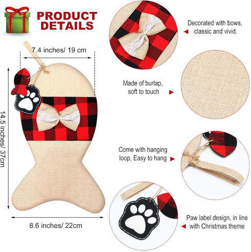 Skylety 2 Pieces Pet Christmas Stockings Buffalo Plaid Burlap 15 Inch Large Fish Shaped Bow Cat Christmas Stockings for Xmas Tree Home Holiday Par...