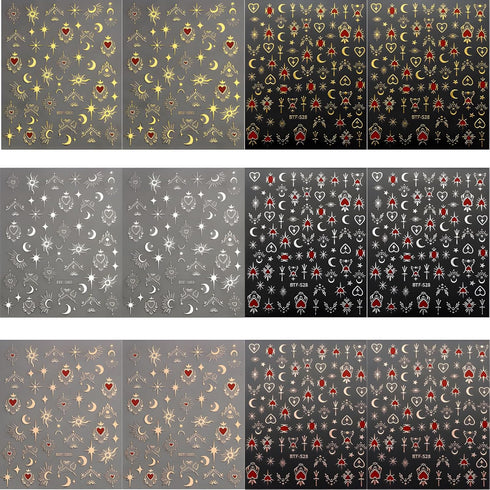 12 Sheets Star Nail Stickers for Nail Art 3D Self-Adhesive Nail Art Stickers Gold Silver Sun Moon Heart Nail Art Design Decoration Accessories for...