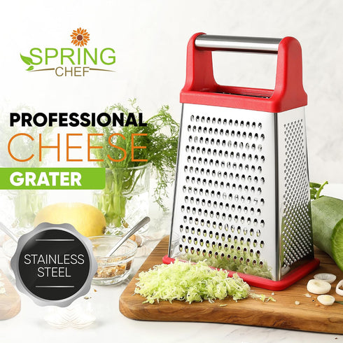 Spring Chef Professional Cheese Grater - Stainless Steel 4 Sided Box Grater for Kitchen, XL Size - Perfect Shredder for Parmesan Cheese, Carrot, P...