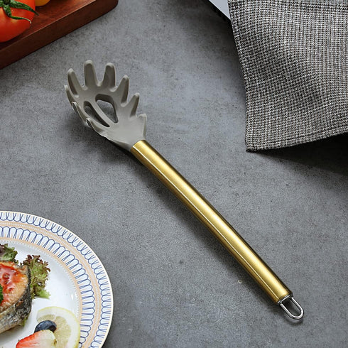 Gold Spaghetti Spoon, Berglander Non-stick Silicone Pasta Server With Titanium Gold Plating Handle, Spaghetti Server For Cooking, Pasta Fork, Nodd...