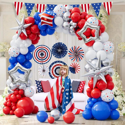 161Pcs Red White and Blue Balloons Arch Garland Kit with Exploding Hollow Star Foil Balloons for 4th of July Memorial Day Graduation Baseball Game...
