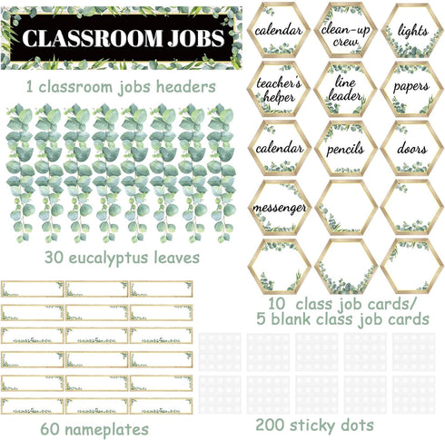 116pcs Eucalyptus Classroom Jobs Bulletin Board Set Classroom Teacher's Helper Charts Eucalyptus Cutouts Name Plates Kits Decorations for Bulletin...