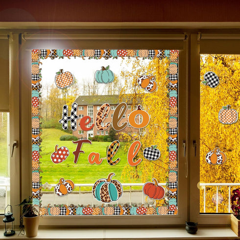Whaline 83Pcs Hello Fall Bulletin Board Kit Pumpkin Bulletin Board Set Plaid Leopard Pumpkin Decoration Border Cutout with Glue Points for Fall Ha...