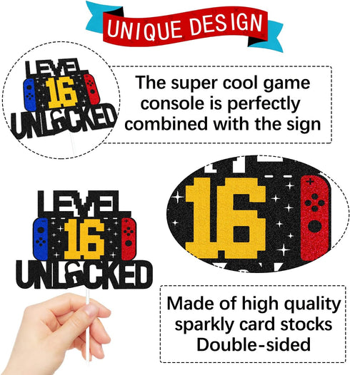 Level 16th Unlocked Sign Cake Topper Happy 16th Birthday Level Up Sixteenth Cake Decorations for Video Game Controller Themed Kids Boy Girl Bday P...