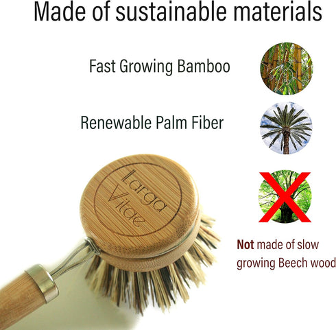 6 pcs Wooden Dish Brush Replacement Heads Made of Renewable Bamboo Wood and Natural Bristle Fiber, Durable, Long Lasting (Palm/Coconut Fiber Brist...
