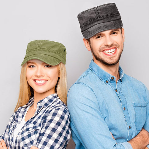 Geyoga Army Cap 2 Pieces Cadet Military Hat for Men Women Washed Cotton Flat Top Cap Unisex Outdoor Sports Casual Sun Hat...