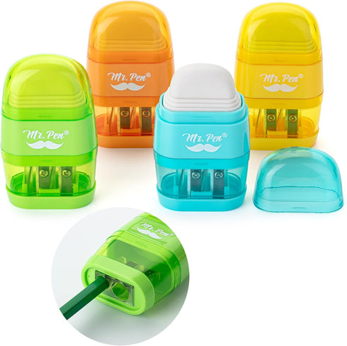 Mr. Pen- Pencil Sharpener & Eraser, 4 Pack, Colorful, 2 Sharpening Holes, Pencil Sharpeners Manual, Manual Pencil Sharpener, Pencils Sharpener, Ha...