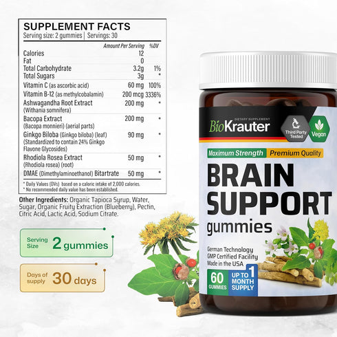 Brain Booster Gummies - Natural Nootropic Focus Supplement - Organic Ashwagandha, Ginkgo Biloba, Bacopa, DMAE, and Vitamins for Memory and Cogniti...