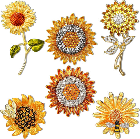 Junkin 6 Pcs Sunflower Brooch Pins Rhinestones Crystal Brooches Gold Pins for Hats Elegant Crystal Brooch Pins for Women Vintage Bee Pin...