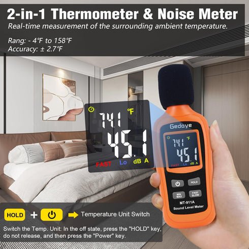 Noise Decibel Meter, Gedaye Sound Level Meter, Range 35-135dBA, SPL Meter with A Weighted, Data Hold MAX/MIN Fast/Slow, for Classroom Workshop dB ...