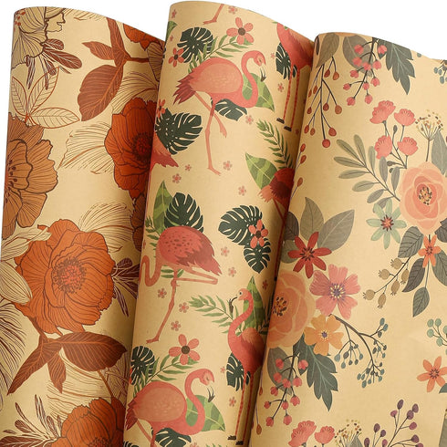 BULKYTREE Kraft Floral Wrapping Paper for Girls Kids Men Women Birthday Wedding Mothers Day Bridal Shower Wedding Graduation - 6 Large Sheets Flow...