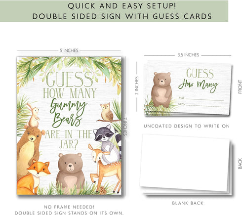 Your Main Event Prints Guess How Many Gummy Bears Game - 5x7 Self-Standing Sign and 50 Guessing Cards - Woodland Theme for Baby Shower or Birthday...