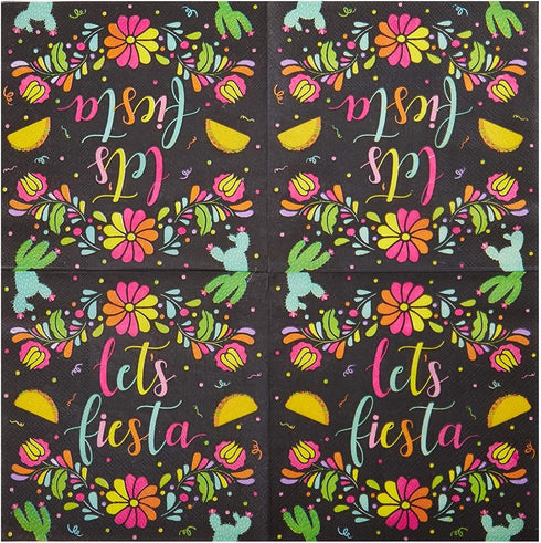 Sparkle and Bash 100 Pack Let's Fiesta Party Napkins for Kids Birthday, Cinco de Mayo Decorations (Black, 6.5 In) - Mexican Decorations for Party...
