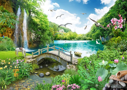 BELECO Picturesque Garden Background Fabric 5x3ft Outdoor Tropical Landscape Mountain Trees Waterfall Lake Birds White Horse and Wooden Bridge Sce...