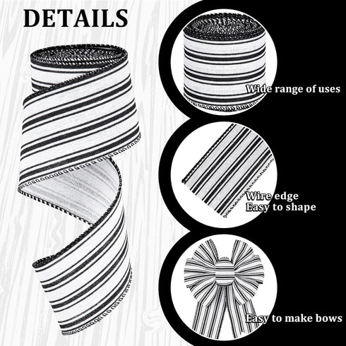 Whaline 2 Rolls Christmas Black White Wired Edge Ribbon Christmas White Black Striped Fabric Ribbon Farmhouse Craft Ribbon for Christmas DIY Gift ...
