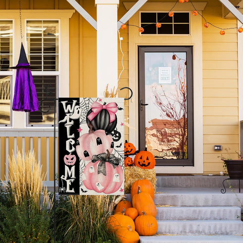 Halloween Garden Flag Double-Sided Welcome Yard Flag Spooky Ghost Pink Pumpkin Holiday Outdoor Decorative Fabric Flag for Patio Lawn Halloween Par...