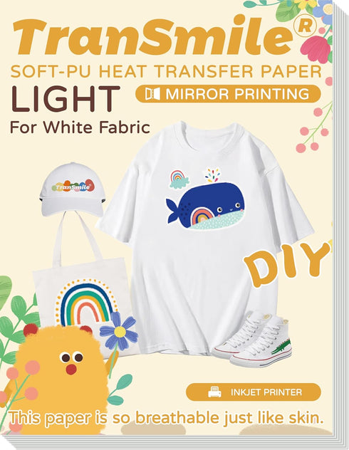 TranSmile PU-Heat Transfer Paper for T Shirts (50 Sheets, 8.5 x 11'') Printable Heat Transfer Vinyl for White Fabrics Iron on Transfers for Inkjet...