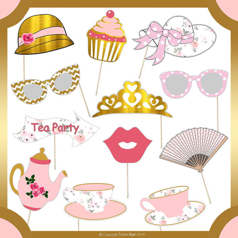 Tea Party Decorations Kit | "Lets Par Tea!" Banner | Tea Party Photobooth Props | Gold, Pink, White Tassels | 10 Gold Confetti Balloons 10 Light P...
