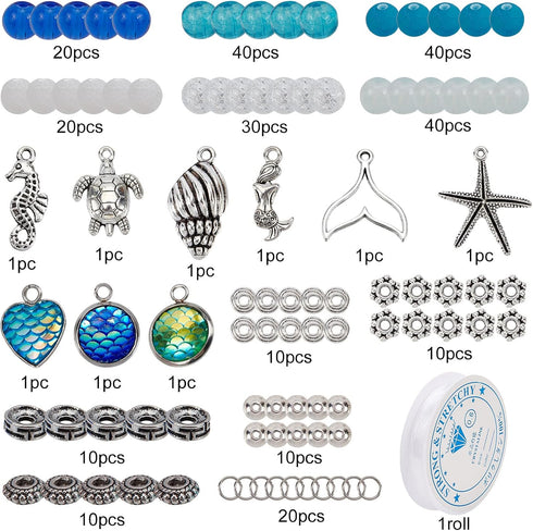 SUNNYCLUE 1 Box 270Pcs Bracelet Making Kit Ocean Theme Bracelet Set Colorful 6mm Glass Beads Turtles Mermaids Starfish Charms for Jewelry Marking ...