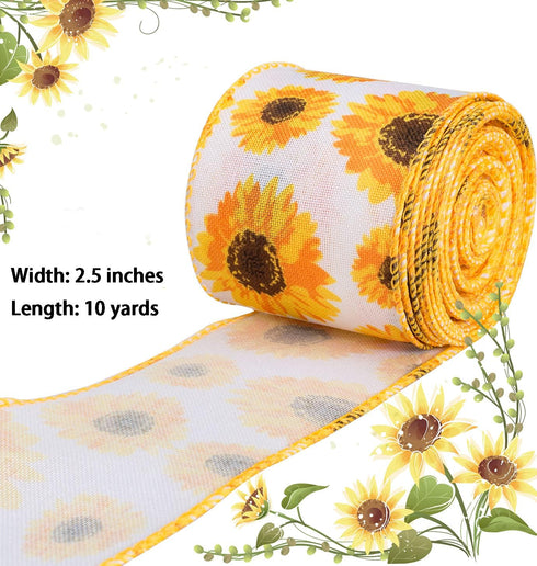 ATRBB Sunflower Wired Ribbon, Flower Sunflower Ribbon for Spring Summer Autumn Wreath, Wrapping and Home Decoration, 10 Yards by 2.5 Inches (Style...