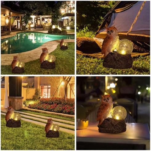 Solar Garden Statue Decor,Owl Standing On The Stone,Beside A Cracked Glass Ball with Warm Light,Polyresin for Patio, Lawn, Yard Art Decoration, Ho...