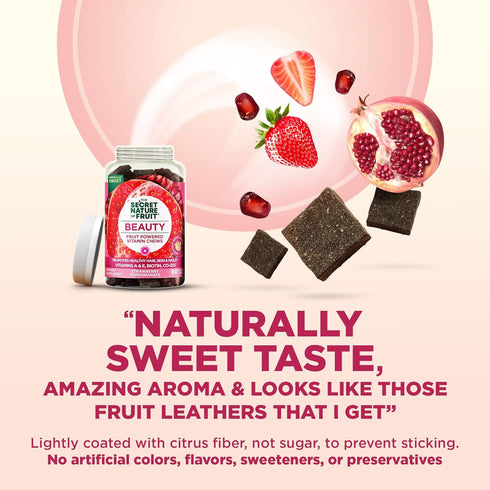The Secret Nature of Fruit Beauty Chews, Real Fruit Powered Vitamin Chews with Vitamins A & E, Biotin, CoQ10, Strawberry & Pomegranate for Healthy...