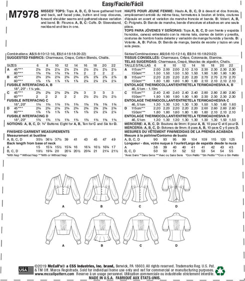 McCall's Patterns McCall's Women's V-Neck Blouse, Sizes 6-14 Sewing Pattern, various, White...
