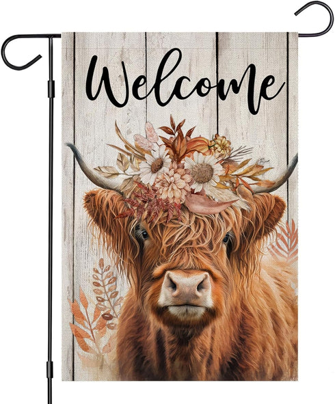 Welcome Fall Garden Flags for Outside Decorations, Thanksgiving Highland Cow with Flowers Maple Leaves Small Yard Flag, Harvest Autumn Seasonal Fa...